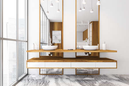 White and wooden bathroom with two sinks near window. White stylish washbasin with gels and drawer, minimalist bathroom with tiled marble floor, 3D rendering no peopleの写真素材
