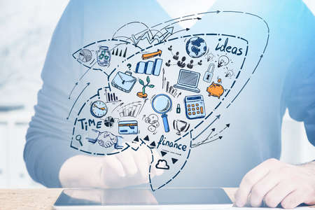 Set of icons, manager woman and electronic device on the table, cosmic rocket shape, office room....