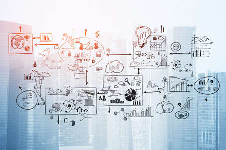 Creative business strategy and planning sketch drawn in a mind map style over blurry sunny cityscape background. Concept of development, good idea and management. Toned image double exposureの写真素材