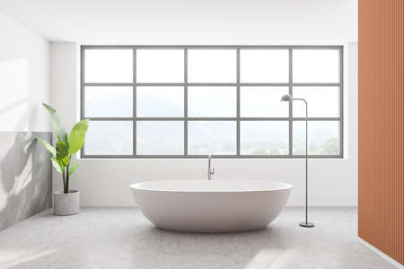 Interior of modern bathroom with white and wooden walls, concrete floor, and comfortable white...