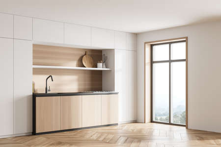 White and wooden kitchen set and deck with appliances, side view, window with nature view. Wooden luxury kitchen on parquet floor, 3D rendering no peopleの写真素材