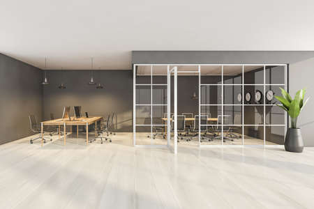 Wooden gray room with armchairs and tables with computers, clock on the wall. Minimalist furniture...