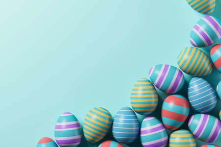 Blue and red, easter chocolate eggs and light blue wall. Painted eggs decoration, different colors. Holiday background picture, 3D renderingの写真素材