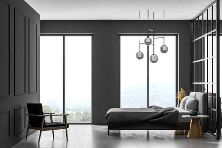 Gray living room with bed and gray linens and white pillows, armchair on marble floor. Bedroom with bed, modern open space studio with window 3D rendering, no peopleの写真素材