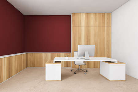Wooden and red consulting room with table and computer on beige floor. White and red interior of business manager room with drawer, 3D rendering no peopleの写真素材