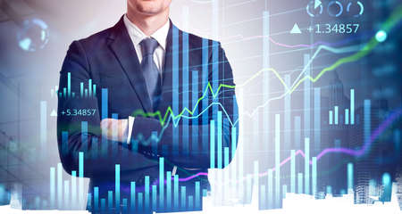 Prosperous trader in suit in crossed arms pose dreaming about positive behavior of stock market....