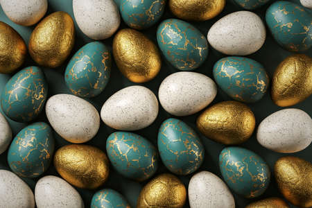 Golden, white and green chocolate eggs. Easter painted eggs decoration, different colors. Holiday...