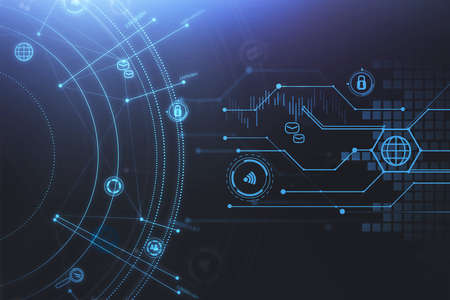 Global network with icons of internet connections, blue hologram of earth. Web international...