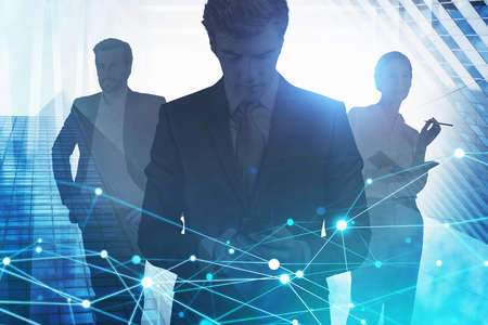Group of working young professionals with smartphones, docs and other technologies to gain success in career. Concept of international business and logistics. Double exposureの写真素材