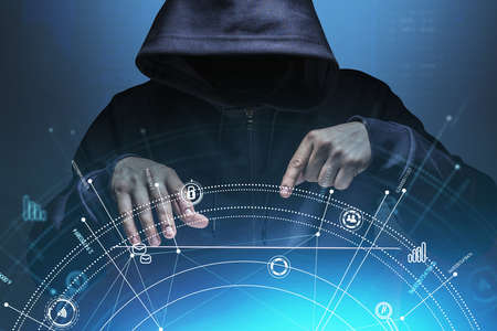 Front view of hacker in web hologram interface, glowing circuit of icons and information. Internet,...