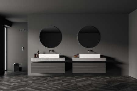 Modern bathroom interior with two sinks, shower and wooden parquet in eco minimalist style. No people. 3D Rendering.の写真素材