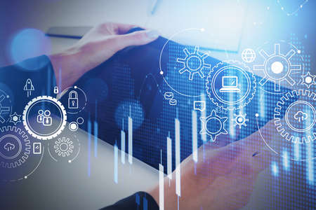 Office worker holding an electronic device, double exposure of network communication, set of icons....
