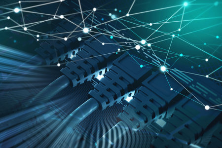 Network cables connected to switch hub. Global Internet and data security concept. Double exposure...