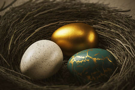 Painted colored golden, green and white eggs in a wooden nest, between branches of a tree. Decoration for a holiday, 3D renderingの写真素材