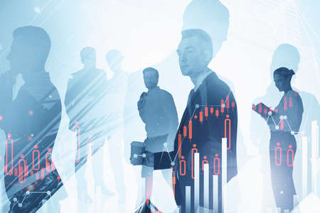 Businessmen working together, graphs and numbers blurred, network hologram. Concept of internet...