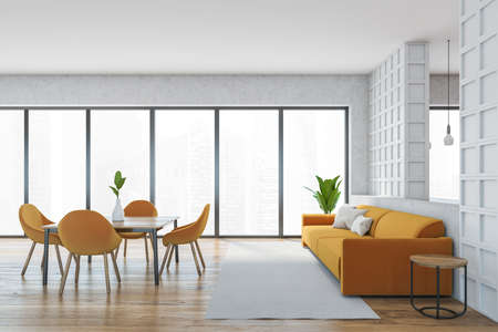 Open space home interior with orange sofa, side view, wooden furniture and orange chairs. Large...