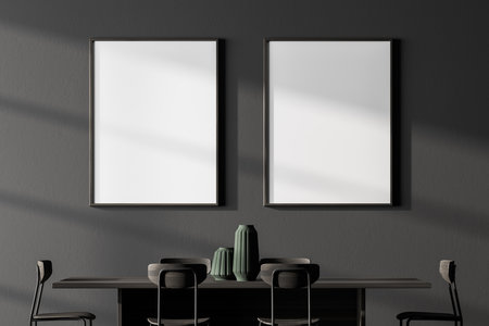 Two mock up posters frame in modern interior background, gray dining room with table and chairs. 3D...