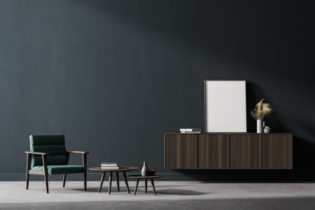 Modern interior of living room with wooden cabinet and armchair. 3d rendering