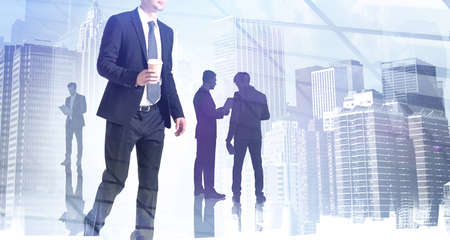 Silhouettes of business people working and rushing in office. Coffee break concept, lunch time. Work hard concept. Double exposureの写真素材