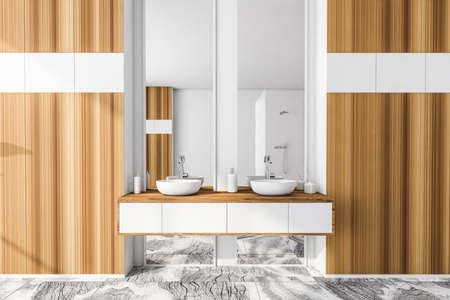 White wooden bathroom with two washbasins and drawers. Minimalist design of modern bathroom with marble floor, 3D rendering no peopleの写真素材