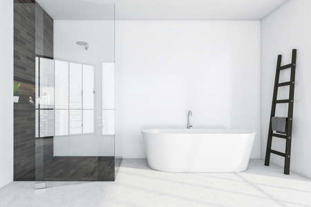 White minimalist bathing room with white bathtub. Modern minimalist interior with black ladder and towel, white marble floor, 3D rendering no peopleの写真素材