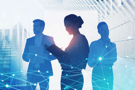 Double exposure with business handshaking on Singapore skyline. Toned image. Concept of international business and logistics.の写真素材