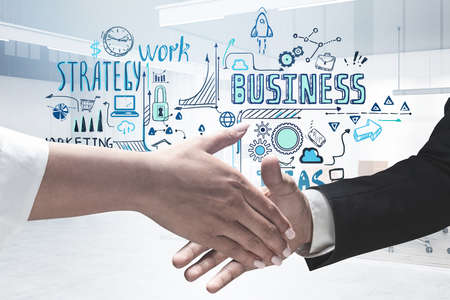 Business strategy plan, double exposure, with office interior. Businessmen shaking hands, doodle sketch set. Finance chart graph, success achievingの写真素材