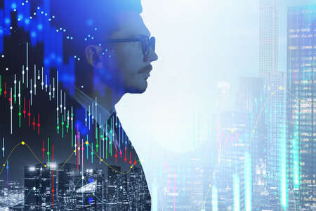 Office man in eyeglasses and suit, night city buildings light and stock market changes. Graph rising...