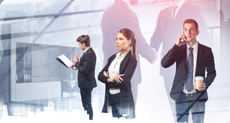 Businessmen and businesswomen in working flow. Checking documents, conducting conference calls and pondering about business optimization strategy. Office and corporate communicationの写真素材