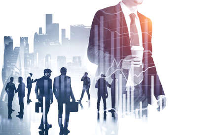 Businesspeople working together, analysts trying to predict stock market behavior. CEO in front view holding a cup of coffee, concept of lunch time and break. New York on background. Double exposureの写真素材