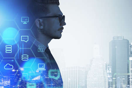 Office man profile in suit, double exposure with data icons. Business building on background,...