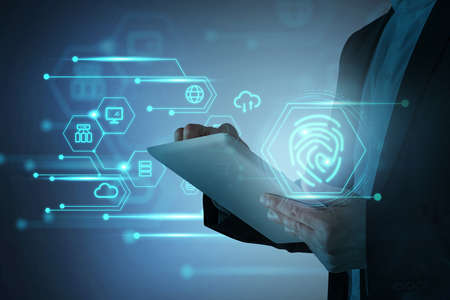 Office man using tablet, double exposure hud with network communication and data service. Manager in...