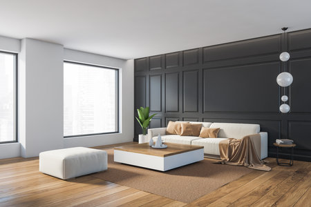 Wooden minimalist relax room with sofa and coffee table with dishes, side view, ottoman on beige carpet. Parquet floor, plant and lamps, 3D rendering no peopleの写真素材