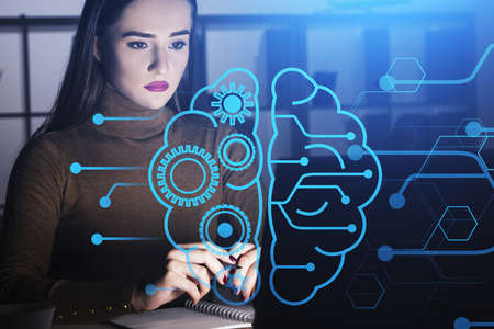 Office manager with device in office interior, blue human brain with gears and network connection. Concept of creativity and ideas, brainstormingの写真素材