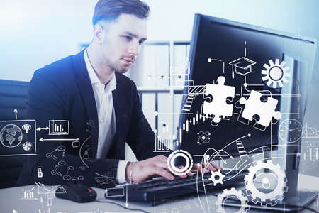 Businessman typing on keyboard, brain drawing with gears and puzzle icons, double exposure. Concept...