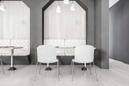 Dining room interior with modern furniture, table and light parquet floor, minimalist design of restaurant. White sofa and chairs, 3D rendering no peopleの写真素材