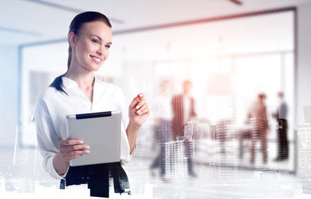 Office woman smiling holding tablet, business conference room with people, city buildings double...