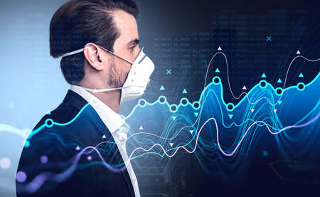 Businessman wearing coronavirus mask, stock market changes, business graph chart. Double exposure of...