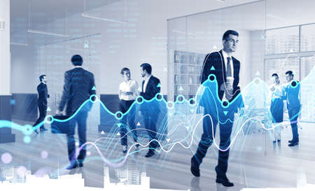 Business people and stock market dynamics, office interior and diverse office workers. Lines of...