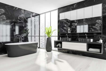 Light luxury interior with white bathtub and two sinks with drawer and mirror, side view. Window with view on skyscrapers, modern bathing room, 3D rendering no peopleの写真素材