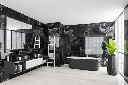 Bathroom and white parquet floor, black tiled wall, two sinks and gray bathtub with towel on a ladder. Minimalist bathing room interior and city view, 3D rendering no peopleの写真素材