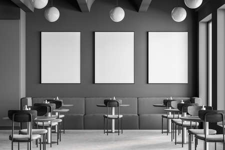 Cafeteria, dining room in university, cafe with tables and chairs, counter bar hotel. Canteen interior in school, college or office. Mock up posters copy space. 3d rendering.の写真素材