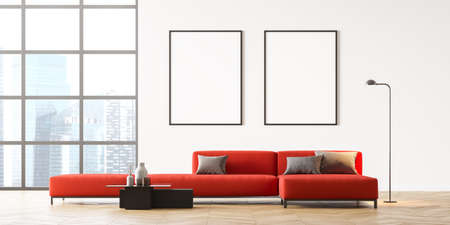 Here is a modern and comfortable apartment on the high floor. Bright room with a red couch, two...