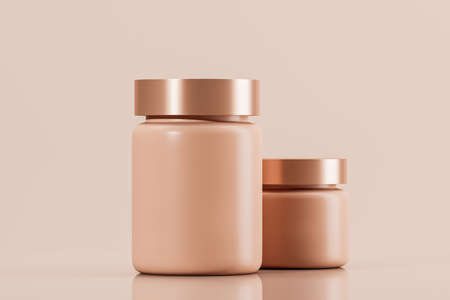 Two cosmetic bottles. Cream or lotion. Blank Label. Pink background. Spa concept. Mockups. Copy space. 3d rendering.の写真素材