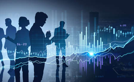 Business people silhouettes and skyscrapers, stock market changes, candlesticks graph. Double exposure of blue and violet lines, growing numbers, online tradingの写真素材