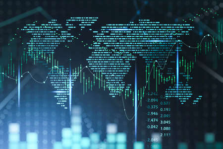 Green digital world map with stock market changes, candlesticks and dynamics, rising numbers. Concept of trading business and growing market. 3D renderingの写真素材