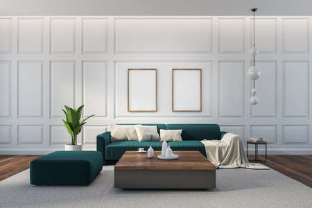 Two canvas posters above sofa and coffee table with dishes, ottoman on gray carpet, living room...