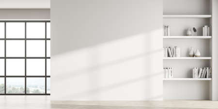 Modern living room interior with empty white wall, panoramic window with countryside view, oak wooden parquet floor. Contemporary minimalist design concept. Blank space for idea. Mock up. 3d renderingの写真素材