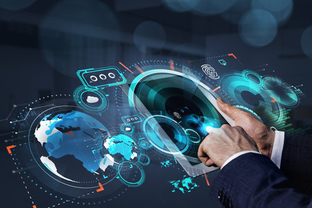 Man hand finger touch display of digital device, hologram of icons, chart, cloud and worldwide...
