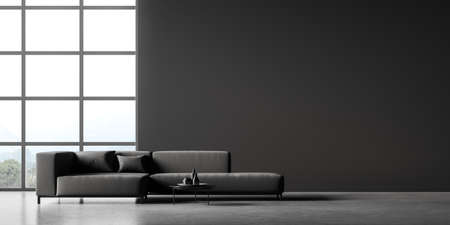 Modern waiting room interior. The panoramic window opens a picturesque countryside view. The cozy gray couch harmonizes with the dark wall. Wonderful place for meeting. 3d rendering. Copy spaceの写真素材